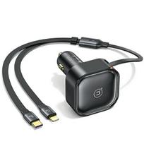 USAMS automobilinis įkroviklis su ištraukiamu laidu 1xUSB-C+1x Lightning C41 PD 30W greitas įkrovimas juodas/juodas CC2