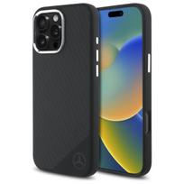 Mercedes MEHMP16L23SUGDK Apple iPhone 16 Pro 6.3″ juodos spalvos kietas dėklas Silicone Tonal Logo Wood Pattern MagSafe