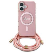 Guess GUHMP16SHCTSGNSP iPhone 16 6.1″ rožinės spalvos kietas dėklas su dirželiu per petį Crossbody Cord Script MagSafe