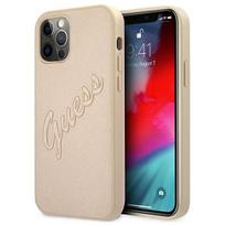 Guess GUHCP12MRSAVSLG Apple iPhone 12/12 Pro 6,1″ gold kietas dėklas Saffiano Vintage Script