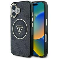 Dėklas Guess IML Metal Glitter 4G Circle Triangle MagSafe Apple iPhone 16 juodos spalvos