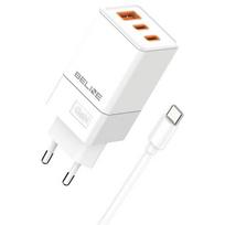 Beline Charger 2x USB-C + 1x USB 65W + USB-C cable baltos spalvos PD 3.0 + QC 3.0 BLN3CW65C GaN