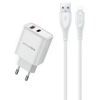 AWEI PD81L-EU 22.5W laidinis įkroviklis + USB laidas + Lightning baltos spalvos GaN