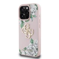 Guess PU Grained Roses 4G Metal Logo dėklas skirtas Apple iPhone 16 Pro rožinės spalvos