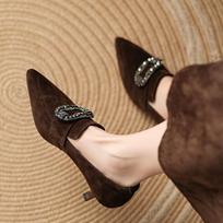 Krazing Pot Suede Spring Summer Size 42 Size 41 size 43 stiletto Heels Women pointed Toe crystal buckle slip on Deep Mouth Pumps 35 ruda