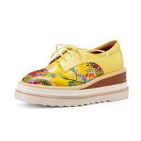 Krazing Pot Stain Cow Skin Spring Autumn Wedges Women Thick Bottom Women Round Toe Embroidery Flat Platform Pumps 35 geltona
