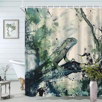 Green Iguana Shower Curtain - Animal Theme, Natural Landscape Design, Polyester Bathroom Decor,  12 Hooks W90xH180cm