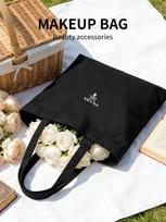 PRADA Black Canvas Tote Makeup Bag Printed Logo Large Capacity Portable Women Travel Cosmetic Handbag juoda