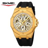 SKMEI Automatic Mechanical Luxury Watch Men Skeleton Hollow Out Dial Watches Stainless Steel/Silicone Strap Luminous Waterproof Wristwatch for Men silicone strap auksas