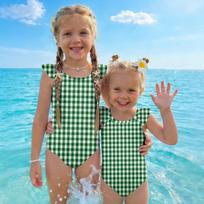 Girls One Piece Swimsuit Plaid Print Sleeveless Ruffled Shoulder Swimwear Kids Casual Summer Bathing Suit 100 armijos žalia spalva