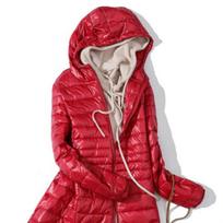 Women Ultra Light Duck Down Padded Hooded Long Jacket Slim Solid Portable Winter Warm Coat Outdoor Casual Travel Parka M raudona