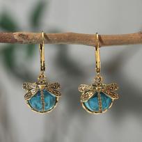 Vintage Style Dragonfly Drop Earrings with Round Gemstone Accent Leverback Closure Lightweight Dangle Earrings for Women One Size