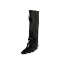 Krazing Pot Cow Leather Autumn Winter Shoes Pointed Toe Wedges Heels Zipper Strange Style Luxury Women Thigh High Boots 34