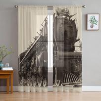 Juodos ir baltos traukinio modernios tiulio užuolaidos, skirtos svetainei miegamajam namų virtuvės langui permatomos užuolaidos 135W x 114H(cm)