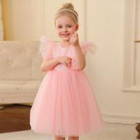 Little Girls Princess Tulle Flying Sleeve Flower Girl Party Performance Dress Gown 100cm rožinė