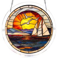 Acrylic Suncatcher Window Hanging Three Layer 2mm Sun and Sailboat Pattern Round Panel Decorative Puzzle Art for Home Office Decor One Size