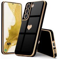 Protective Case - BOOLING - Samsung Galaxy S21 - Black Silicone - Golden Heart Pattern - Shockproof juoda