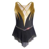 Merginų varžybų gimnastikos triko: Sleeveless Cross Front Mesh Rhinestone Color Block Dress with Built-in Briefs for Skating Performance 5-6 Years auksas