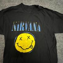 Nirvana T Shirt Mens Size L Black Smiley Face Graphic Rock Band Short Sleeve Tee XL