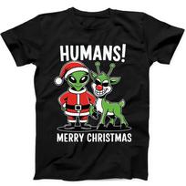 Christmas Humans Merry Xmas Alien Gift Black T Shirt 241 XL