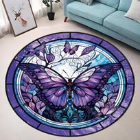 Stained Glass Purple Butterfly Round Rug Stunning Mosaic Art Print Non Slip Soft Carpet Bohemian Style Bedroom Decor 80cm x 80cm