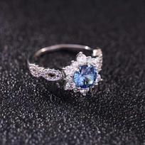 Vintage Inspired Blue Sapphire Halo Ring | Paved Cubic Zirconia CopperBand | Promise Engagement Jewelry Gift for Her 6