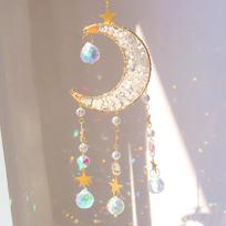 Natural Crystal Moon Suncatcher Rainbow Maker Window Hanging Ornament Boho Home Decor (as the picture,about 45cm)