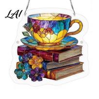 Irregular Puzzle Piece Suncatcher Floral Tea Cup And Book Suncatcher Stained Glass