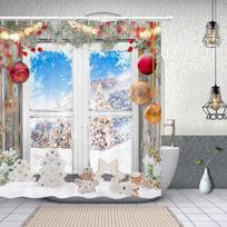 Christmas Gingerbread Man Snow Shower Curtains Set ,Colorful Xmas Balls Polyester Fabric Winter Xmas Tree Bathroom Curtain Decor 90x180cm-35x70in
