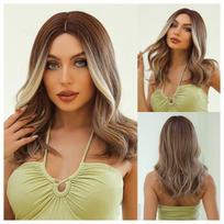 Ombre Brown Blonde auksinis sintetinis perukas su vidurine banguotais Cosplay perukai moterims kasdieniam naudojimui, natūralūs karščiui atsparūs plaukai aukso rudos spalvos