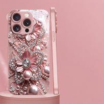 Rožinis perlo deimanto gėlių raštas Rožinis metalinis stiklinis telefono dėklas iPhone 17 Pro Max 11 12 13 14 15 16 Plus 17Air 16E iPhone 12 Pro Max