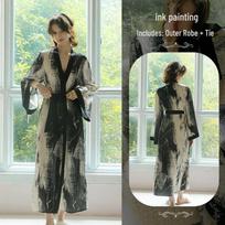 Elegantiškas kinų rašalo plovimo satino laisvas chalatas - prabangūs namų laisvalaikio drabužiai Large gray