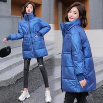 New Women Jacket Winter Parkas Long Coat Fur Collar Hooded Glossy Overcoat Female Cotton Padded Parka Waterproof Outwear L blue