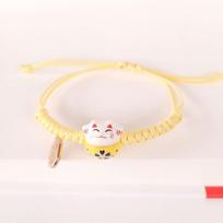 Ceramic Cat Pendant Maneki Neko Bracelet Handmade Women Hand Ring Cute Red Braided Rope  Men geltona