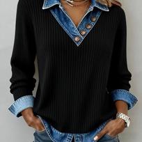 Women Pullover Knitted Top Fake Two Pieces Denim Patchwork Sweater Turn Down Collar Knitwear Spring Autumn Knit Tops Streetwear XS juoda