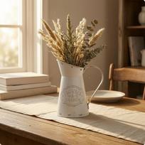 Metal Pitcher Vase Distressed White Decorative Embossed Lettering Home Decor