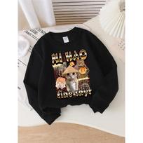 Crewneck Sweatshirt for Girls Featuring a Cat Sushi Hat And Drink Globe Design. It'S Machine Washable 110 juoda