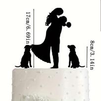 2 Pcs Wedding Cake Topper - Bride Hold Groom with Flowers Besides  Dogs Silhouette Cake Decoration (Black) 1 set