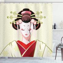 Japoniškas tradicinis dušo užuolaida, Kimono raštų kompozicija Gėlių raštai Vintage menas Vonios dekoro užuolaida su kabliukais W90xH180cm(35x70 in)
