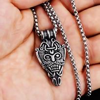 Necklace Retro Men's Double Sided Viking Symbol Shield Mask Smiley Face Pendant 50CM(Necklace Size)