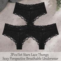 FINETOO 3Pcs Sexy Lace Star Perspective Thongs Panties Women High Waist Breathable Underwear Female Soft Intimates Lingerie 2026 S