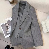 Grey Herringbone pattern Woolen Suit Jacket for women 2026 New Autumn Winter Retro Commuting Casual Top Female Single Breasted S pilka