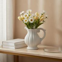 Fluted Flower Pitcher Elegant Design Ceramic Vase Smooth Edges Decorative Jug with Handle