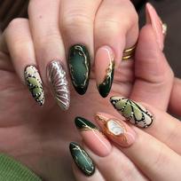 24PCS Retro Luxury Almond Press on Nails Dark Green Golden Butterfly Patterns French Fake Nails for Women Wearable Nail Manicure