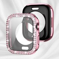 Blizgus stiklas+dėklas Apple Watch dėklui 49mm 46 42 45 41 40 44mm Deimantinis buferis+Ekrano apsauga Iwatch serijoms 11 10 9 8 7 6 5 SE Series 789 41mm rožinė