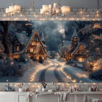 VIKAMA Winter Snow Village Tapestry with Christmas Warm Light Cottages for Bedroom Living Room Decor Aesthetic Cozy Healing Wall 74x94cm(29x37in)