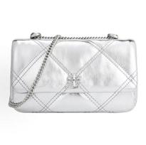 Tory Burch Kira Diamond Quilted Pleated Magnetic Snap Closure Metal Leather Tote Shoulder Bag Women Bags Light-Silver 158446-040 Basic Set (Bag+Dust Bag)