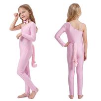 Girls Cat Cosplay Leotard Jumpsuit Sparkly Rhinestones Asymmetrical Sleeves with Tail Long Pants and Bowtie for Halloween Costume Party 5-6 Years rožinė