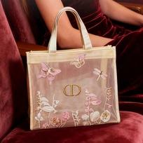DIOR Tinklelio Pirkinių Krepšys Makiažo Krepšys Siuvinėjimas Drugelis Gėlės Metalinis CD Logotipas Nešiojamas Skaidrus Kosmetinis Rankinis Krepšys Moterims balta