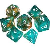 Family Party 7-Die Two-tone Dice Set Carved Pattern Dice Set Iridescent Glitter Polyhedral Dice Aqua + Gold